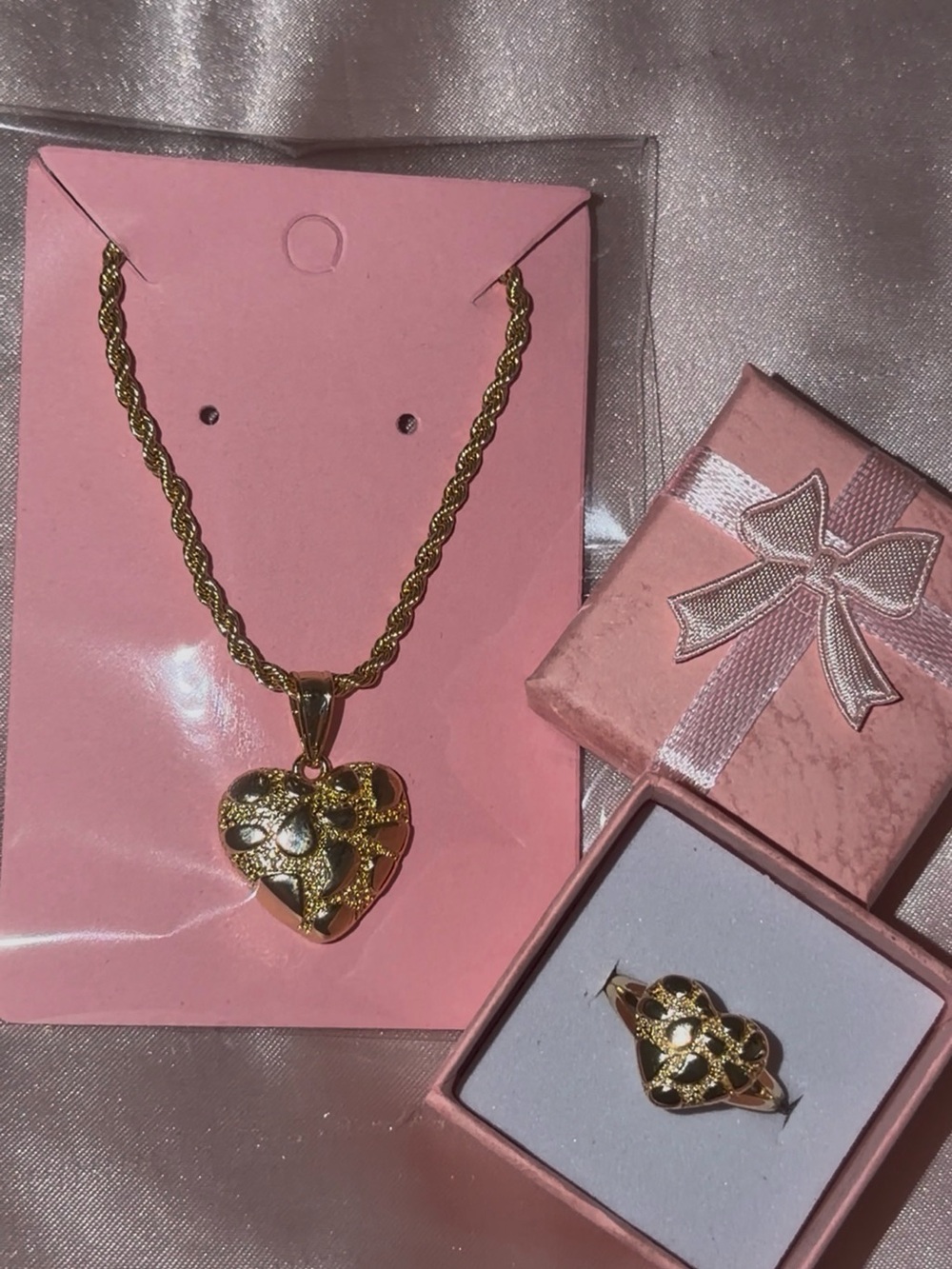 Gold plated Heart Pendant Necklace and Ring Set - Elegant Women's Jewelry
